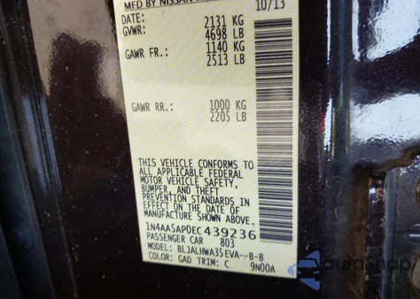 2014 Nissan Maxima 3.5 Sv from USA, damaged, VIN 1N4AA5AP0EC439236